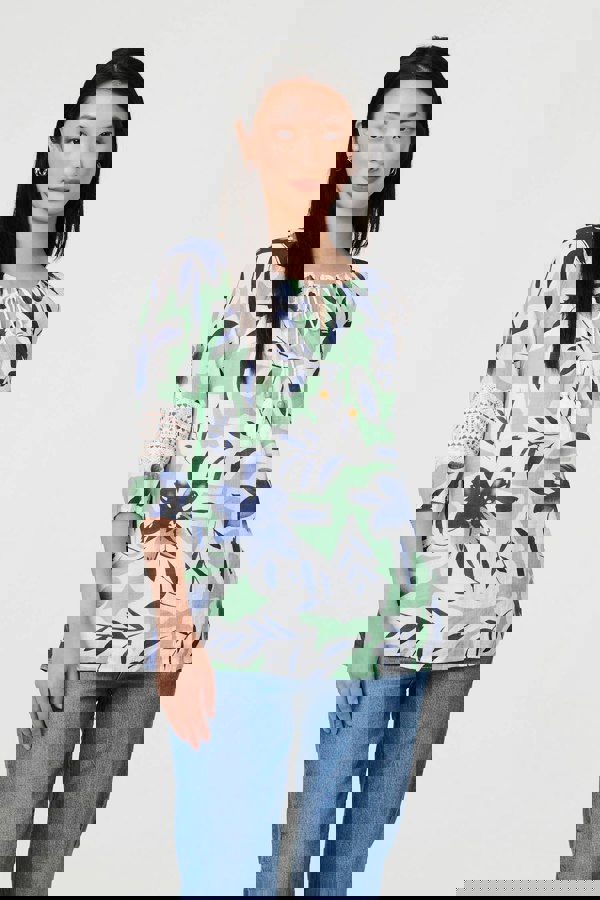 Green | Leaf Print Lace Trim Bardot Blouse
