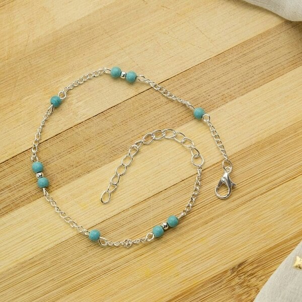 The Colourful Aura Turquoise Silver Beaded Sea Beach Surf Summer Anklet