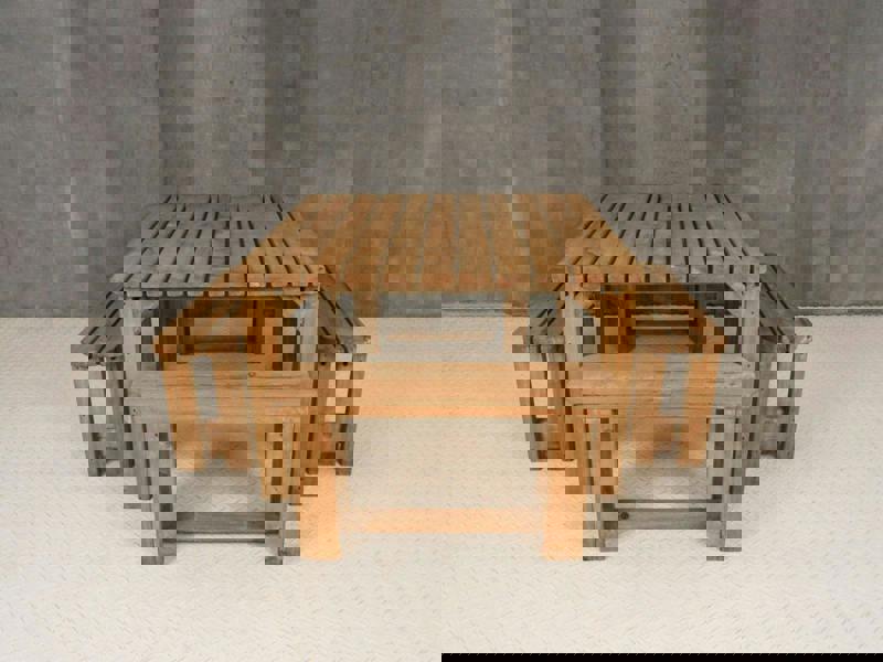 QUADRUM Rounded Picnic Table with 4 Benches – Rustic Finish Wooden Outdoor Dining Set for Gardens, Patios, and Picnics
