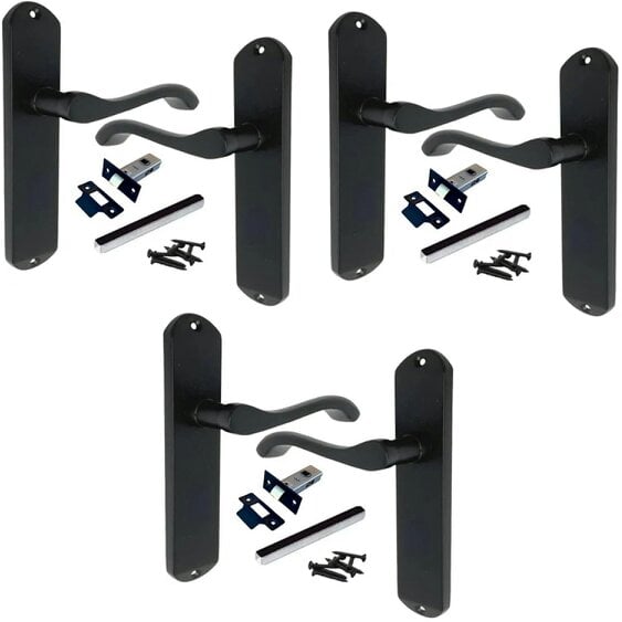 EDH Door Hardware 3 Pairs Matt Black Cadenza Victorian Scroll Door Handles with Tubular Latches – 178mm x 38mm