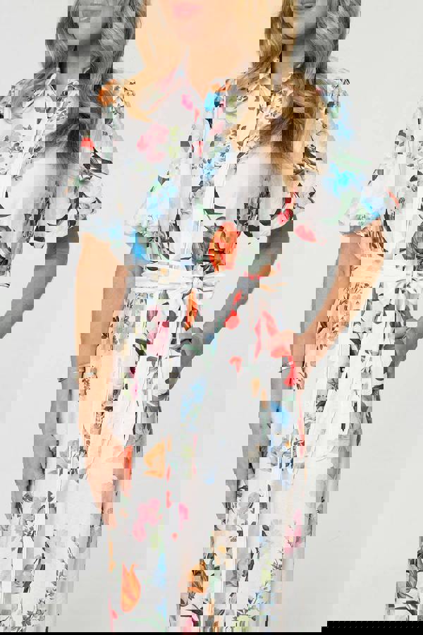 White | Floral 1/2 Puff Sleeve Midi Shirt Dress