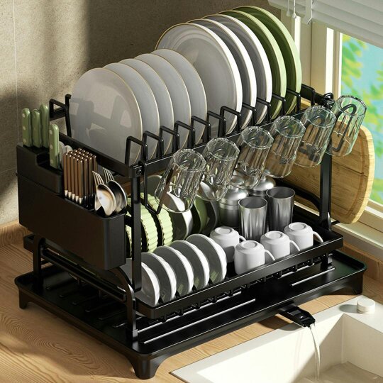 Havendro 2 TIER KITCHEN SINK DISH DRAINER RACK WITH DRIP TRAY CUTLERY HOLDER PLATE RACK
