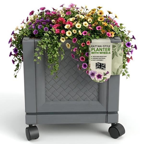 My Garden Outdoor Living My Garden Square Planter with Wheels - Rattan Style Plastic Garden Planter Pot for Indoor & Outdoor Use with Air Vent