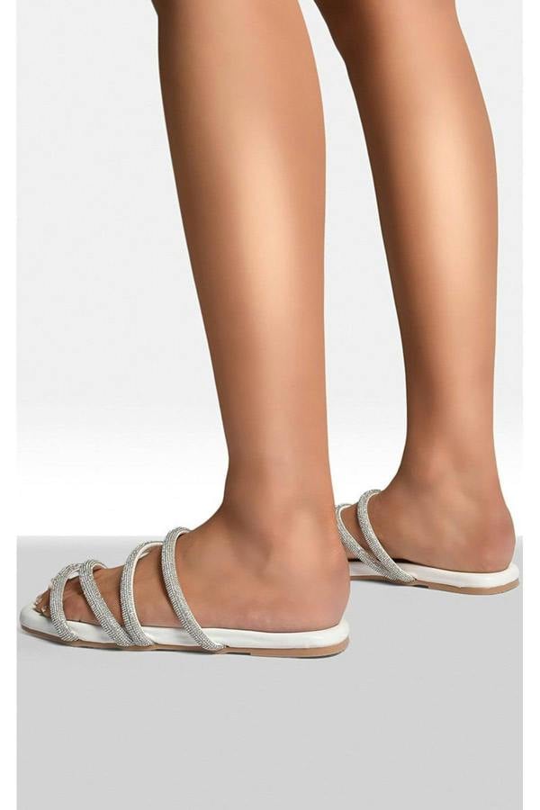 Reya Embellished Asymmetrical Strap Flat Sandals - White