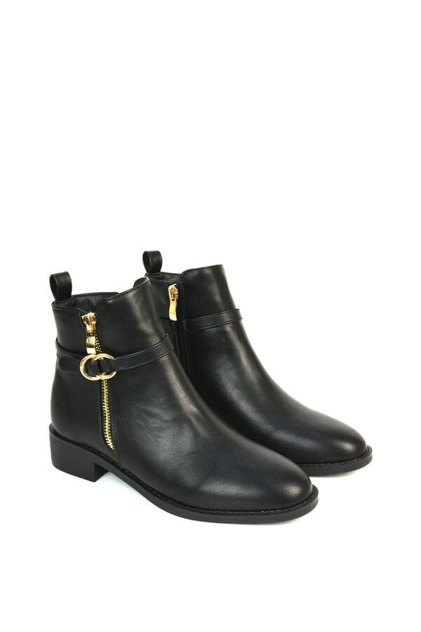 XY LONDON Flat Low Heel Ankle Booties With Decorative Buckle and Zip