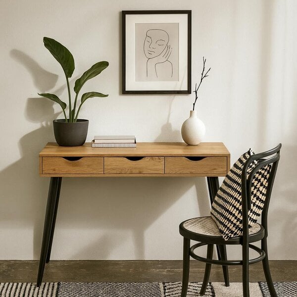 Wyld Haus Dresden Natural Oak Effect Wood Office Desk 3 Drawers Black Legs