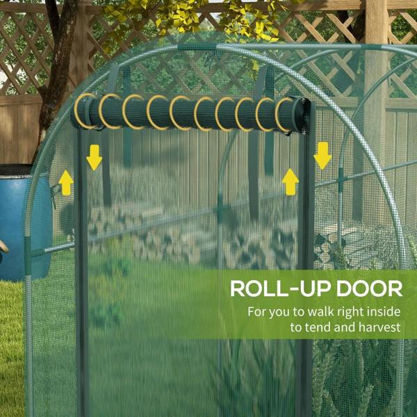 Green mesh fruit cage plant protection tent with roll-up door for easy access