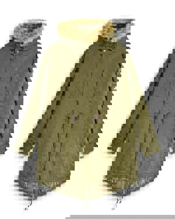 Lambretta Mens Cotton Classic Hooded Classic Badge Parka Coat, olive green winter jacket with a faux fur-lined hood, multiple pockets, and adjustable drawstrings.