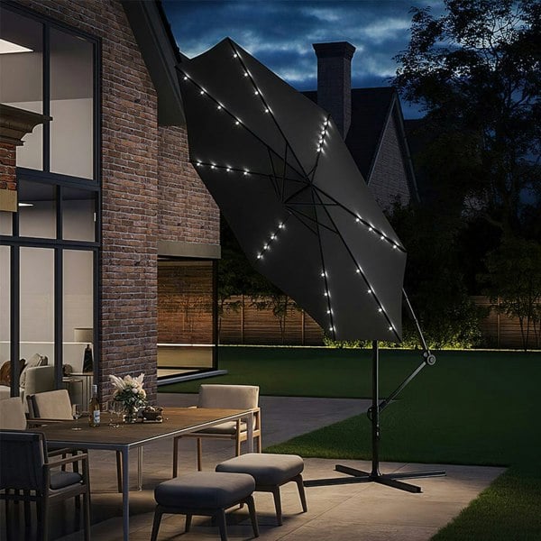 Dark Grey 3m Iron Banana Umbrella Cantilever Garden Parasols with LED Lights Parasols Living and Home