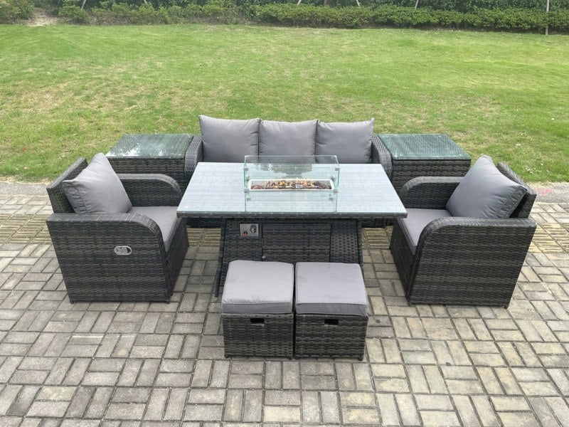 Fimous Wicker Rattan Garden Furniture Sofa Set Gas Fire Pit Dining Table Indoor Outdoor with 2 Side Table Chair Footstool