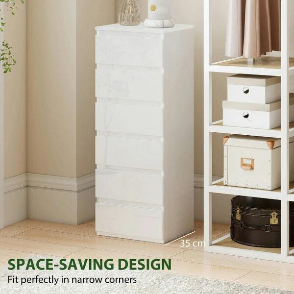 Chest of Drawers High Gloss Finish 6 Drawer Dresser Space Saving Slim Design Handle Free Drawers High-Gloss White