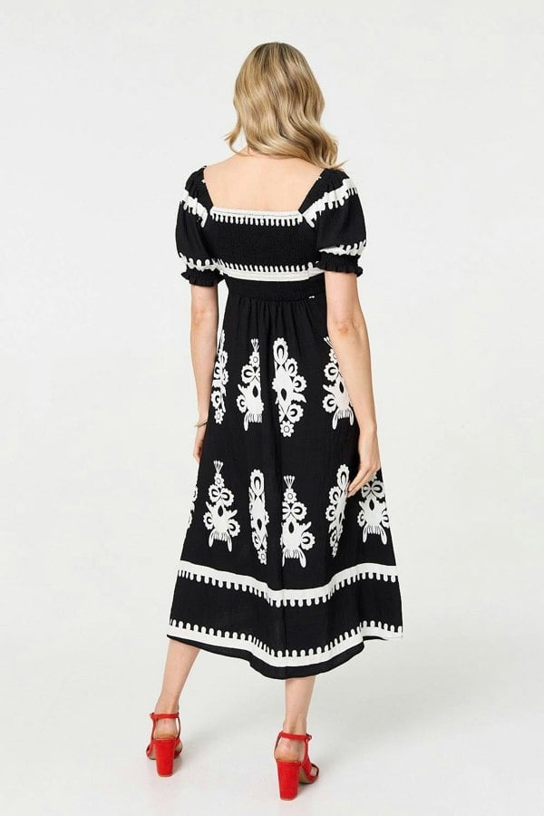 Black | Printed Puff Sleeve Tie Front Midi Dress
