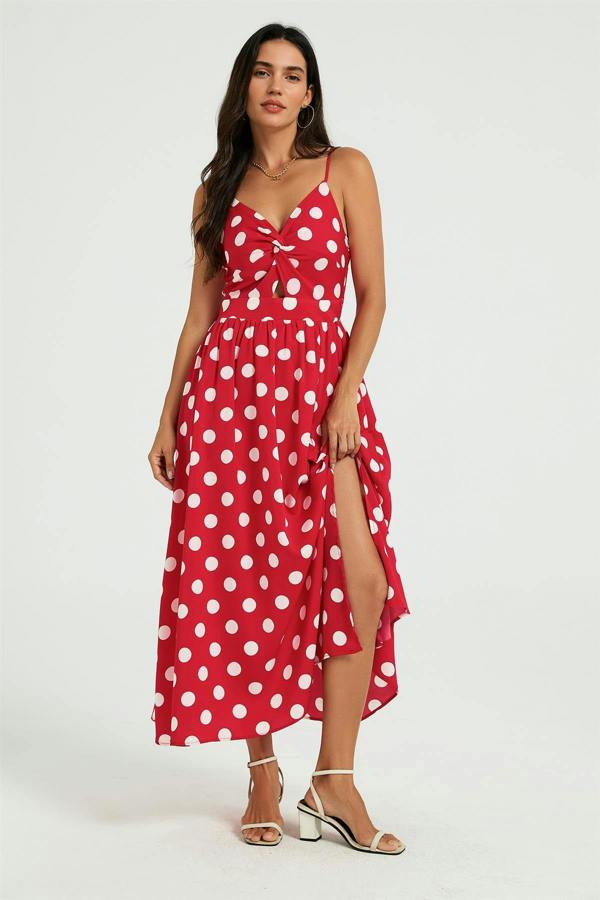 FS Collection Dot Print Knot Front Midi Dress In Red