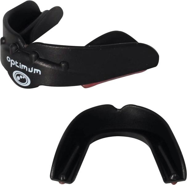 Black Optimum Matrix mouthguard with strap and white logo, two views showing moulded U-shape, on white - Optimum