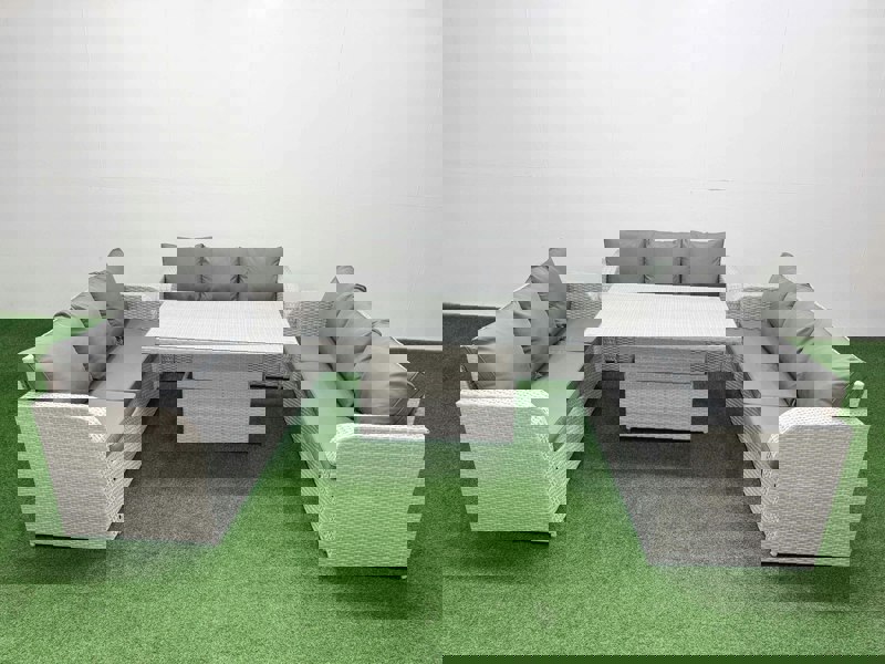 Fimous PE Rattan Lounge Sofa Set 9 Seater Outdoor Garden Furniture Set with Adjustable Lifting Dining or Coffee Table 3 Seater Sofa Light Grey