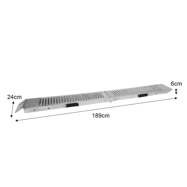 Durable aluminum foldable motorbike ramp, 189cm long, 24cm wide, featuring a textured surface for grip and easy loading