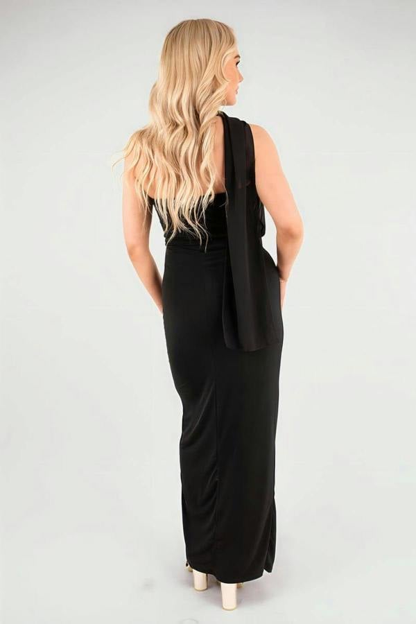 Celeste High Slit Draped Scarf Maxi Dress - Black