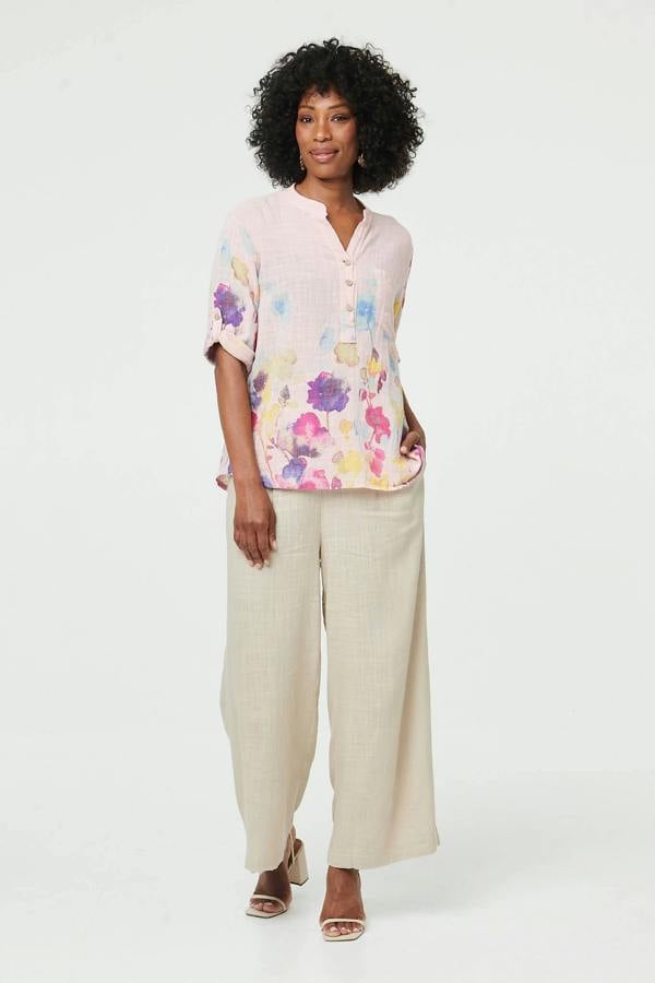 Pink | Floral Turn-Up Sleeve Curve Hem Blouse