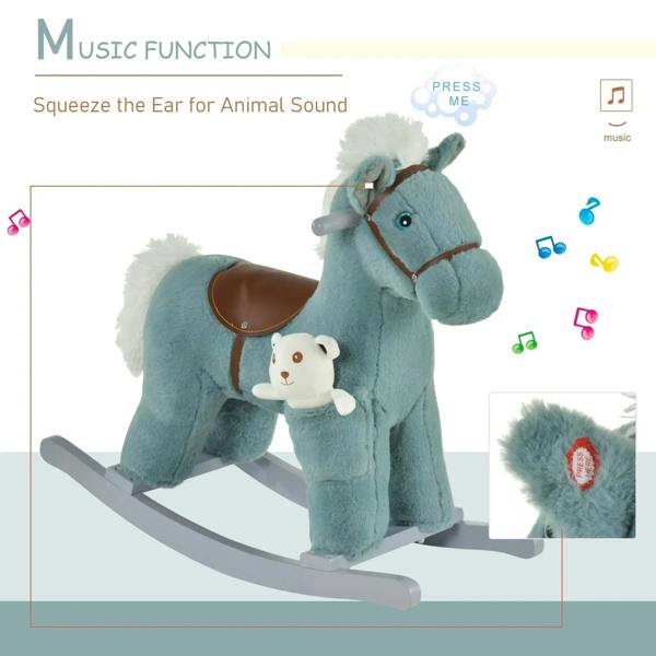 Blue plush rocking horse with brown bridle and small bear plush attached
