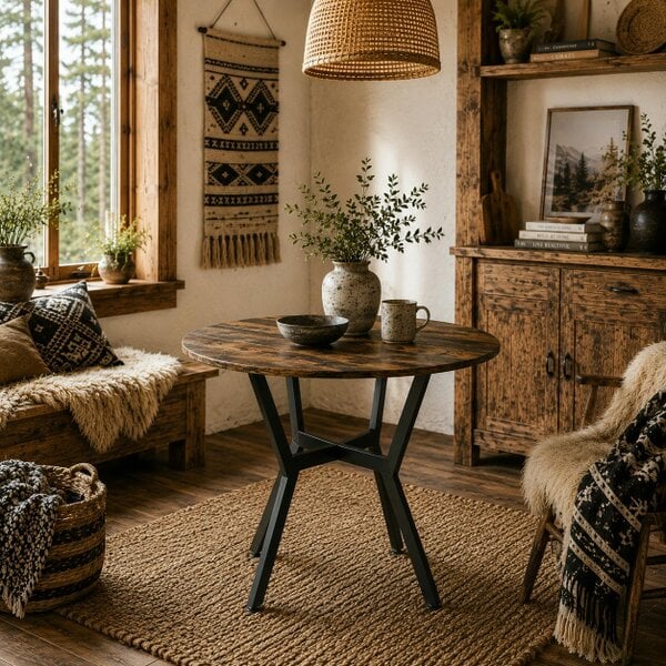 Wyld Haus Molu Rustic Brown Round Dining Table With Black Metal Legs 90cm