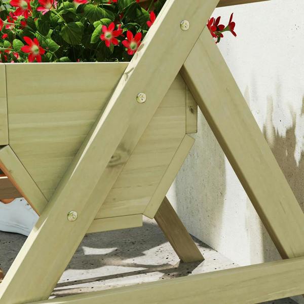 Angled view of wooden A-frame support and slatted three-tier planter box