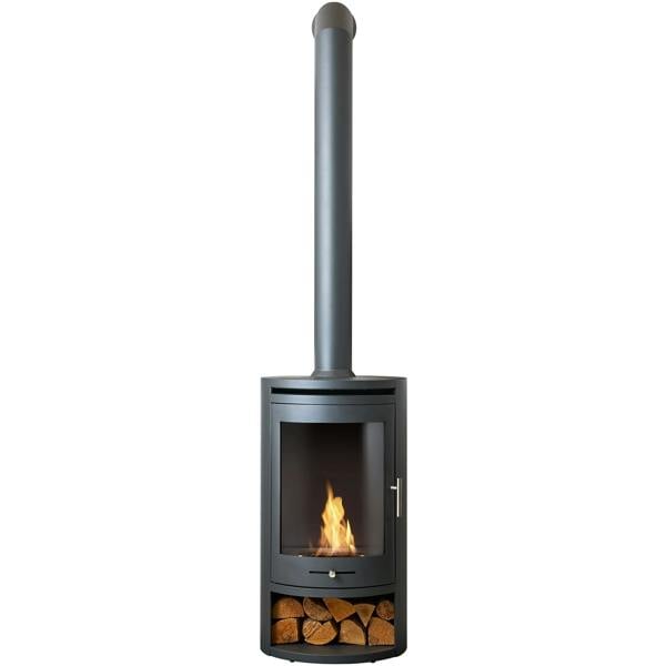 OKO S5 Bio Ethanol Cylinder Stove with Log Storage in Charcoal Grey & Extra Tall Angled Metal Stove Pipe