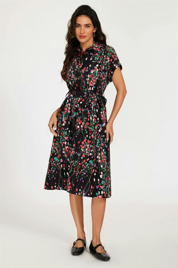 FS Collection Black Floral Shirt Midi Dress with Tie Waist and Short Sleeves