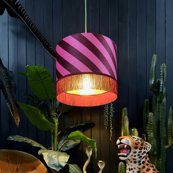 love frankie Raspberry Ripple Helter Skelter Velvet Lampshades With Gold Foil Lining and Fringing