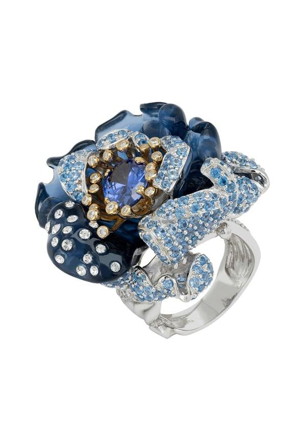 Latelita Blue Rose Flower Cocktail Ring Silver