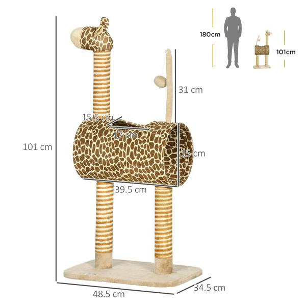 Beige giraffe-pattern cat tree size diagram with striped posts and round scratching perch
