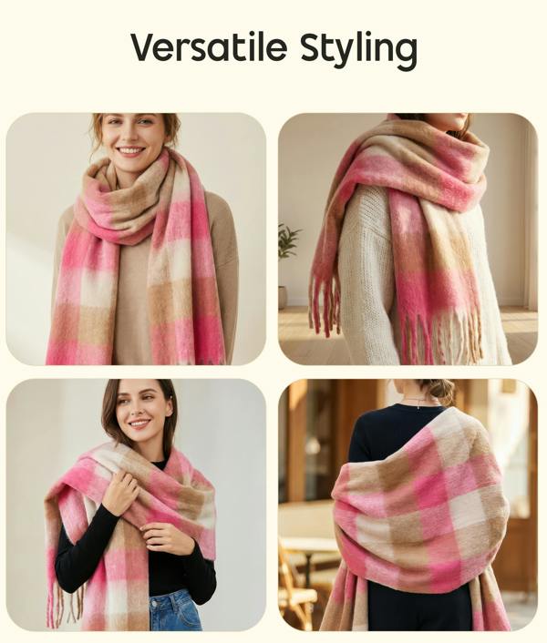 VIA MONTEN Women’s Faux Mohair Scarf, Oversized Winter Scarf Wrap with Fringe, Soft Fluffy Long Shawl for Cold Weather Styling