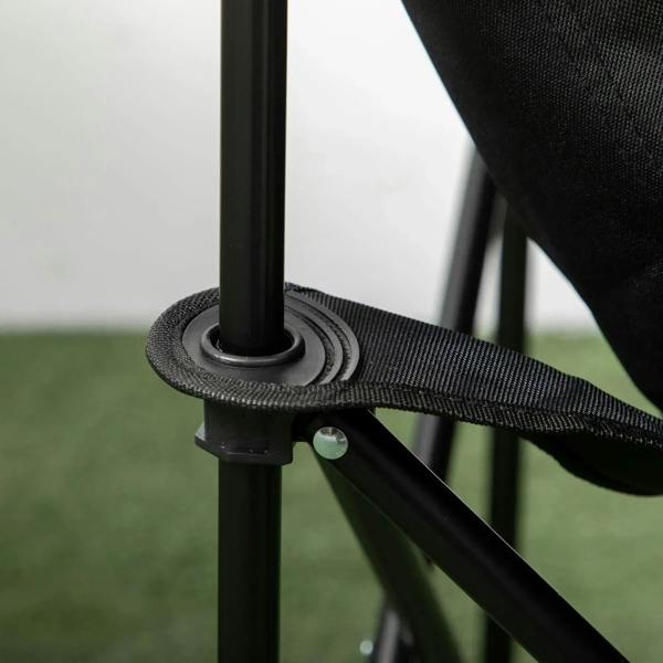 Black folding camping chair with non-slip foot pad on steel leg and fabric edge