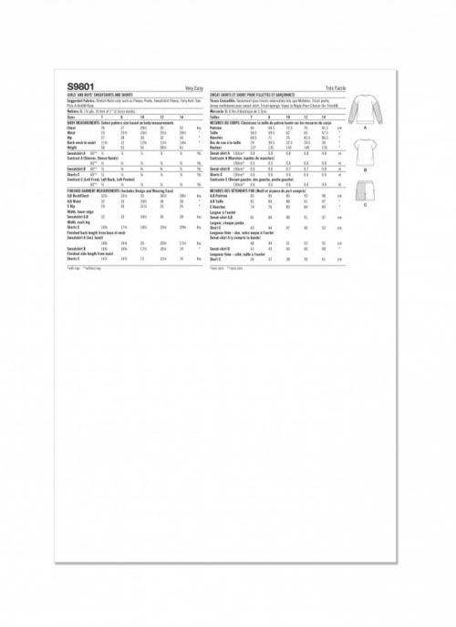 Simplicity Sewing Pattern 9801, Tops, Sweaters, Shorts for Kids, Teenagers, A (7-8-10-12-14) - Easy