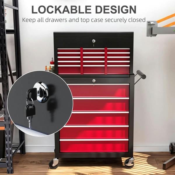 Lockable tool storage chest with red drawers, top case closed, side handle