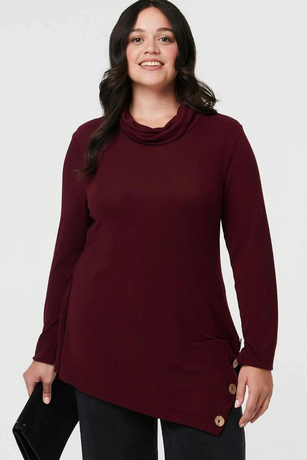 Red | Curve Cowl Neck Asymmetric Jumper
