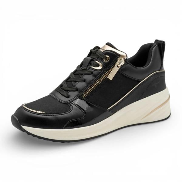 Tamaris Women's Black Gold Platform Zip Lace-Up Sneakers
