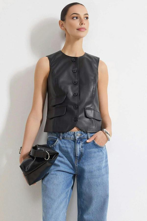 WOVCOR Faux Leather Fitted Woven Vest