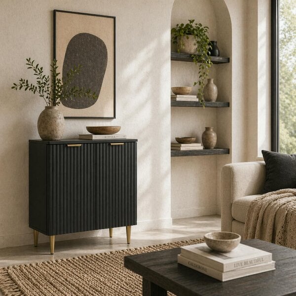 Wyld Haus Sutto Black Etched Sideboard 2 Ribbed Doors Gold Accents