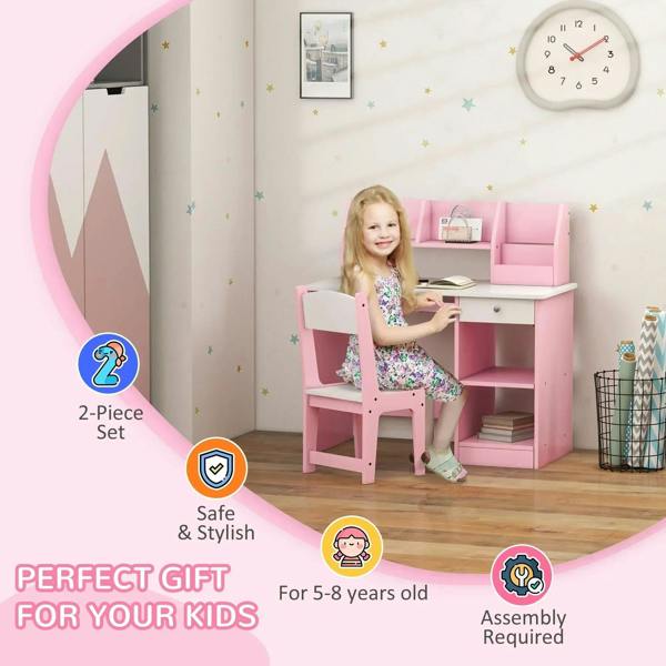 Pink kids desk and chair set with storage shelves for ages 5–8