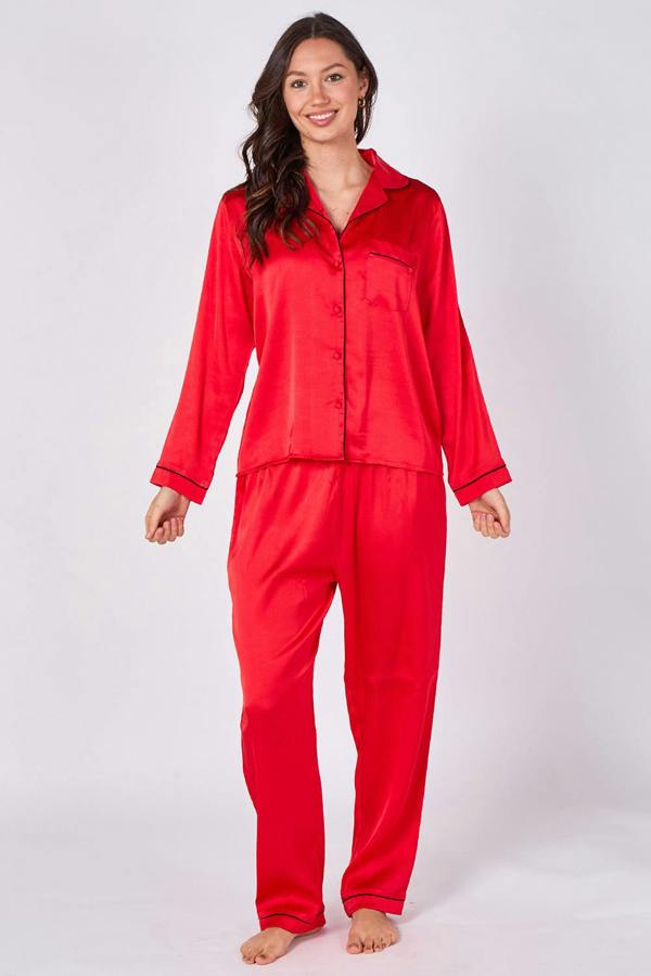 Elaina Fashion Red Long sleeve satin Pj set with pockets