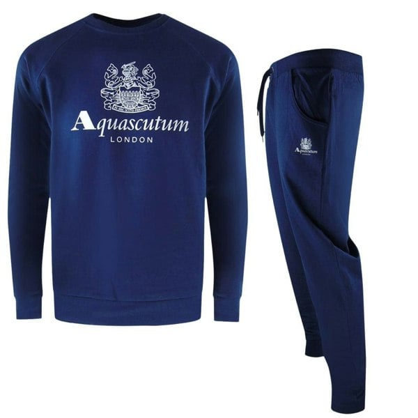 Aquascutum Mens London Logo Crew Neck Tracksuit Set - Navy Blue