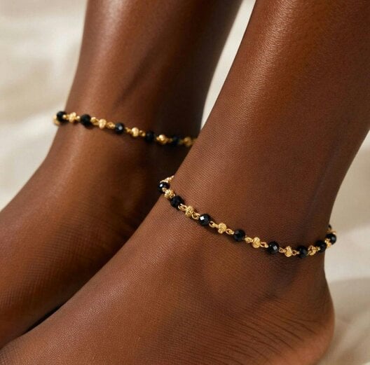 The Colourful Aura Black Bead Gold Nazaria Anklet | 18k Gold Plated Brass Tarnish Free - 2 Pcs