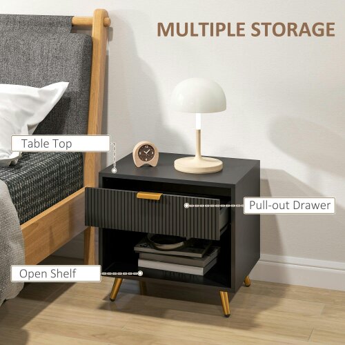 Wyld Haus Hana Bano Black And Gold Tone Elegant Bedside Table With Ribbed Drawer And Shelf