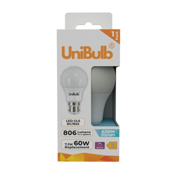 UniBulb LED GLS B22 806lm 7.3W 6500K (Daylight) Dimmable Light Bulb - Pack of 1 front