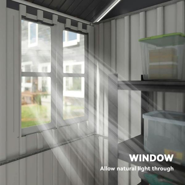 Grey metal shed side window panels letting in natural light.