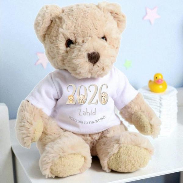 Personalised Taupe Teddy Bear with Welcome to the World Jungle T-Shirt