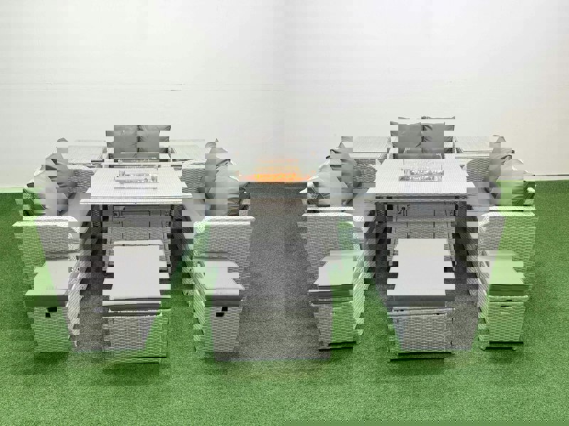 Fimous 9 Seater PE Wicker Rattan Furniture Sofa Sets with Fire Pit Dining Table 2 Seater Love Sofa 3 Stool 2 Side Table Light Grey