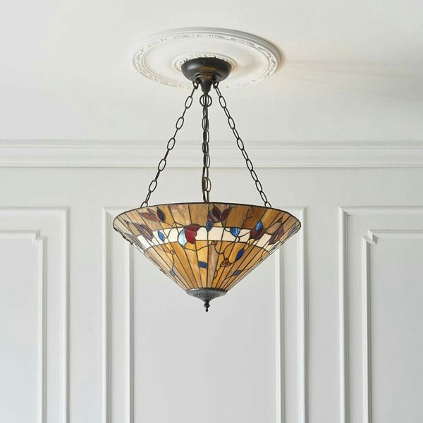 Large Tiffany Glass Pendant Light - Dark Bronze Finish - 3 x 60W E27 GLS Needed Loops