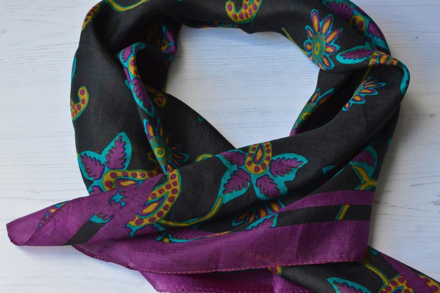 Antonia York Silk Scarf Black and Purple Square Chiffon Scarf with Floral Paisley Vine Print