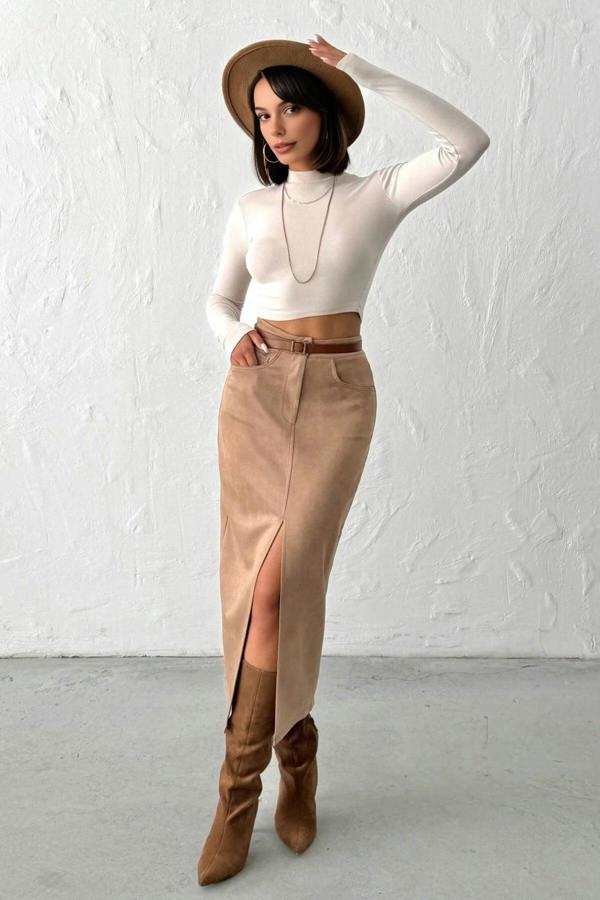 WOVCOR Suede Midi Knit Pencil Skirt with Front Slit
